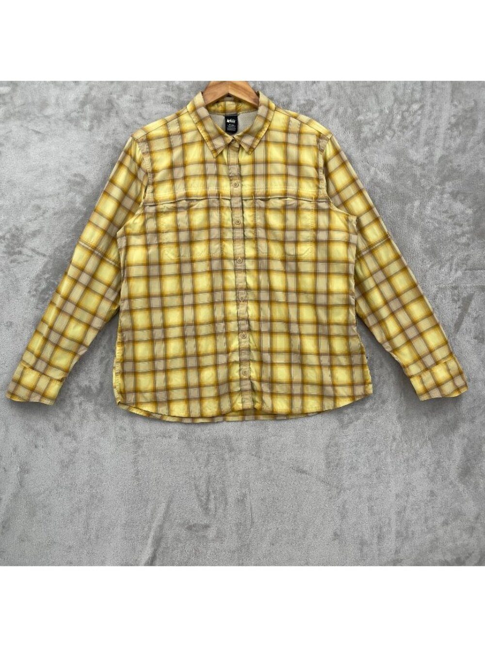 REI Co-Op Yellow Plaid Vented Roll Tab Nylon Blend Hiking Shirt